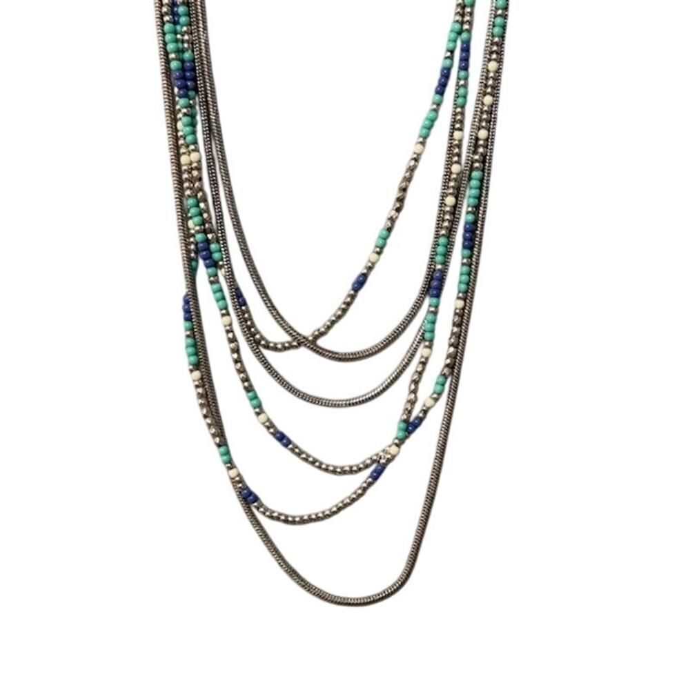 Layered Turquoise & Navy Beaded Multi-Strand Necklace